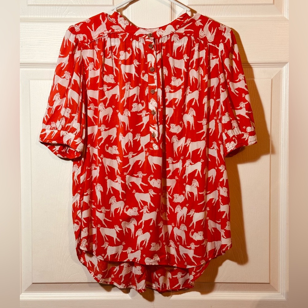 Anthropologie Emily Isabella Red Cats & Dogs Print Button Blouse M